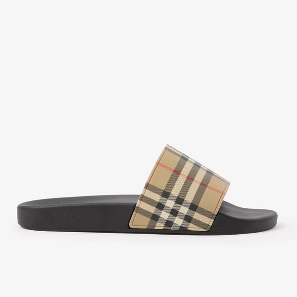 Designer Check Slides Vintage Printing Tartan Slippers Sliders Mens Furley Archive Summer Beige Print Embossed Logo Slide Dark Cerulean Blue Mangrove Size 35-46