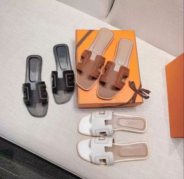2023 Sandales Fashion Sandals Genuine Leather Women Slippers Summer Luxury Flat Slides Ladies Beach Sandal Party Wedding h Oran Slipper size 35-43